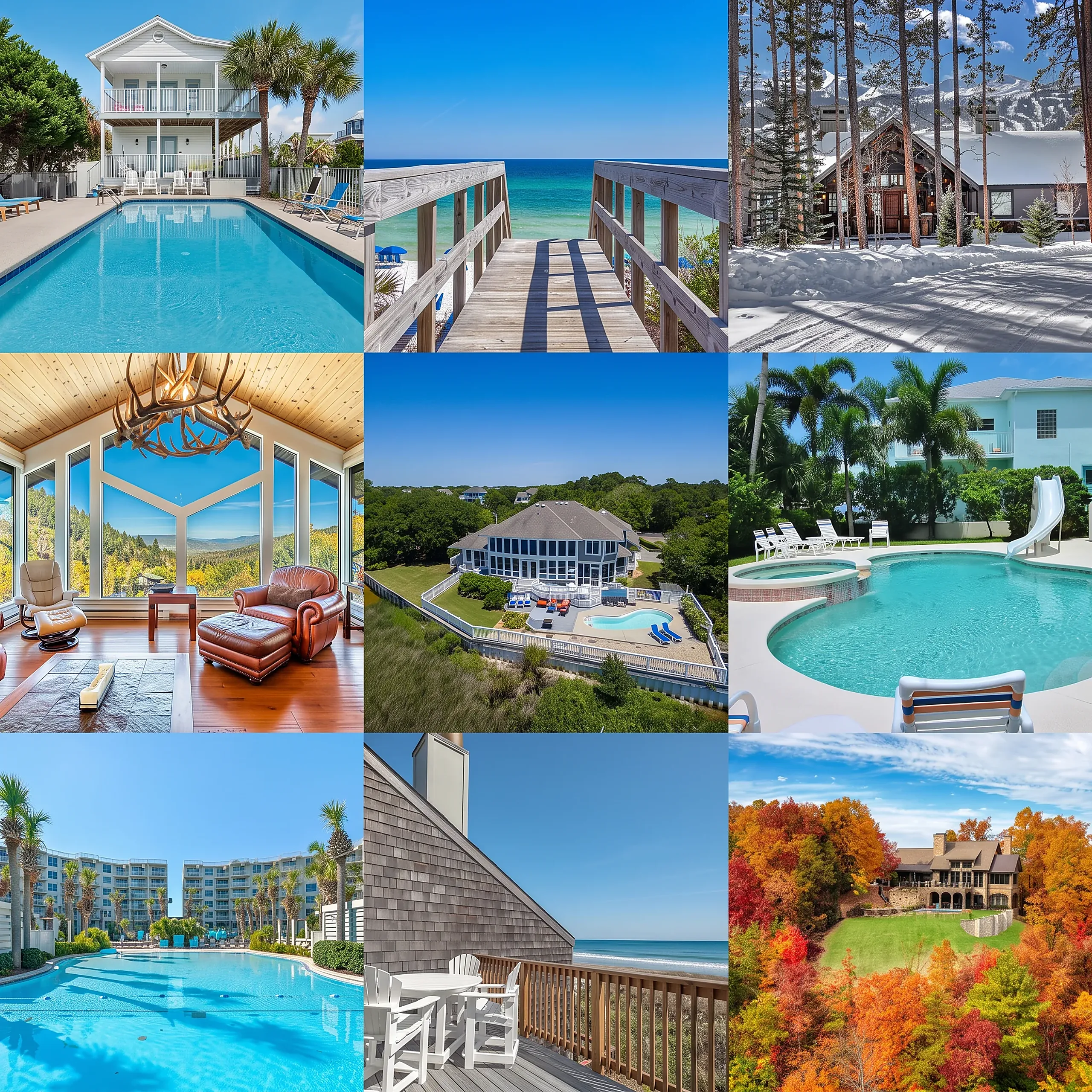 Nine photo grid of Awayday homes: gulf coast pools, a beach boardwalk, a snowy mountain lodge, mountain view living rooms and autumn treetops