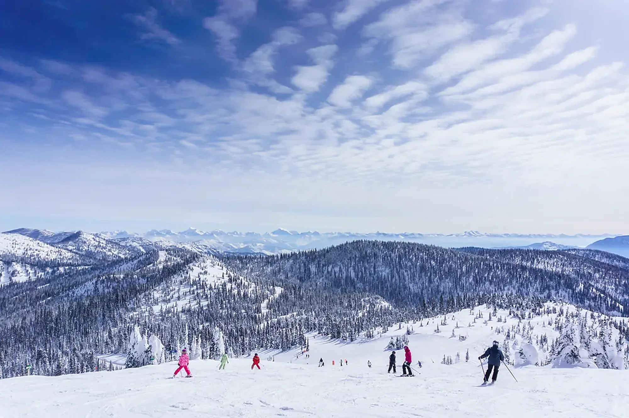 Skiers on a wide open snow bowl above forested Montana valleys near Whitefish