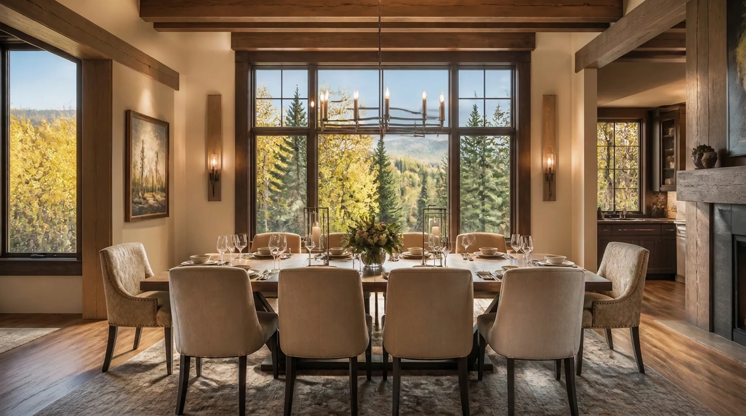 Dining room of a Colorado vacation home set for a family dinner