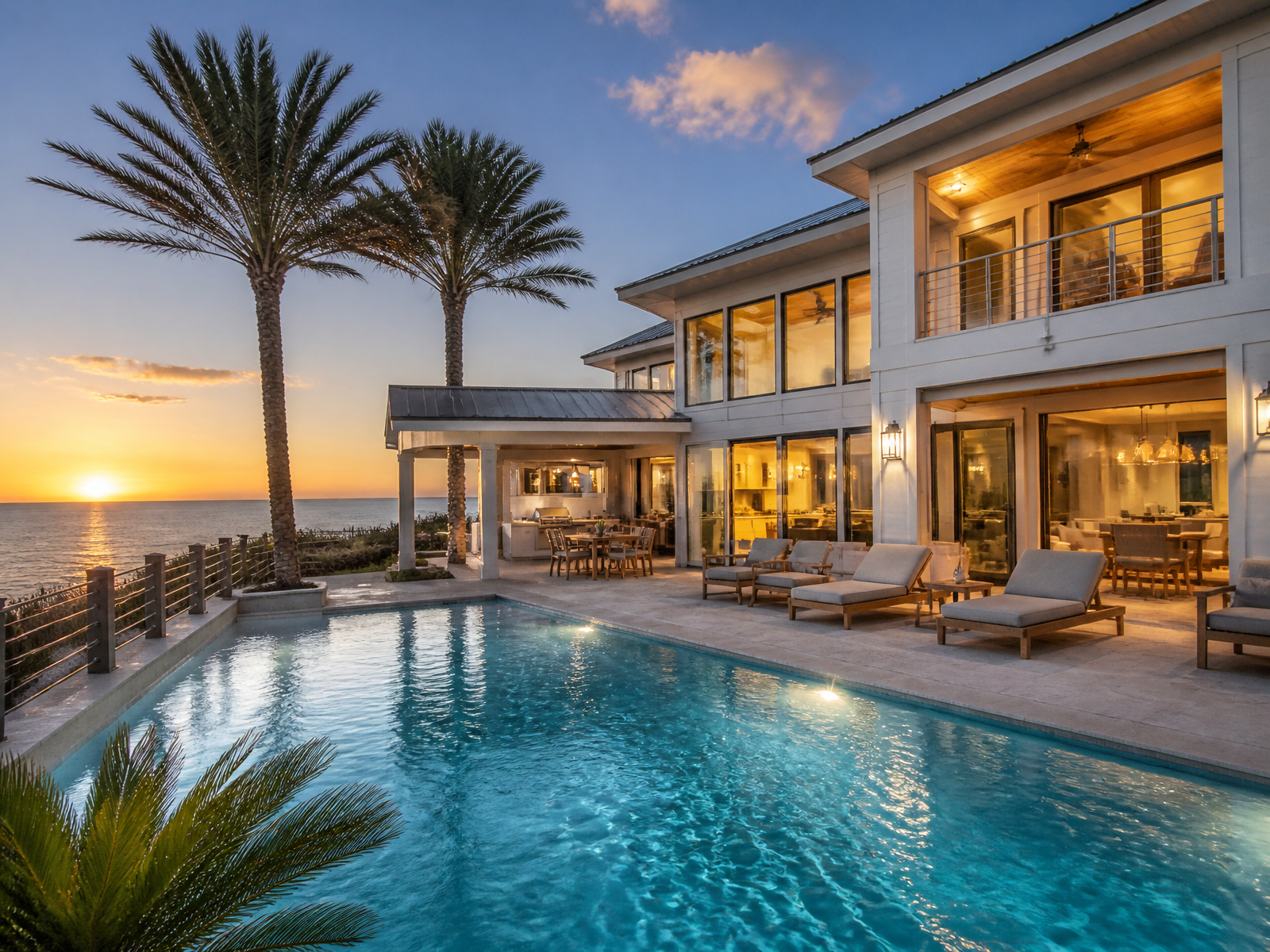 Luxury vacation home with a private pool at dusk